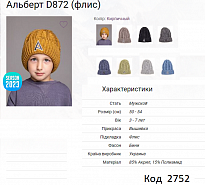 картинка ALex Шапка в'язана на флісі для хлопчика АЛЬБЕРТ D872  50-54   5(3)шт. магазин Одежда+ являющийся официальным дистрибьютором